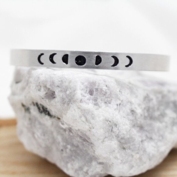 Moon Phases Bangle - Hand Stamped Anodized Aluminum Bangle - Adjustable - Picture 3 of 12